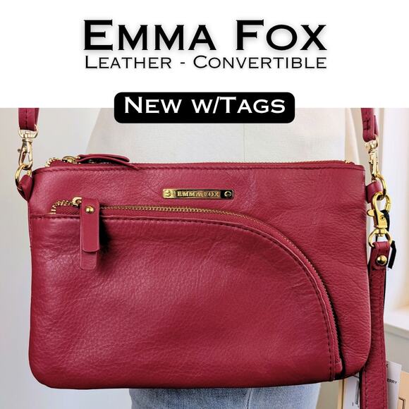 NEW Emma Fox Leather Classics Convertible Wristlet Crossbody Bag Cranberry Red - Picture 1 of 10
